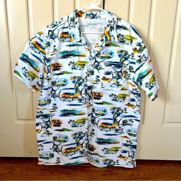 Columbia Men's Trollers Best Fish Print Mesh Back Button Down Shirt Size Large - Picture 2 of 12